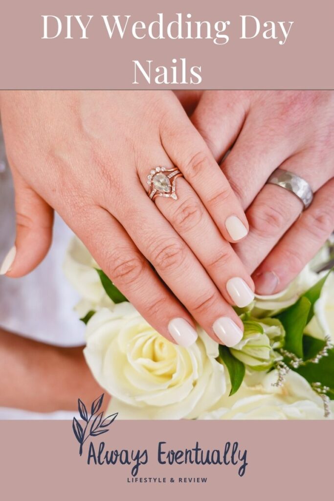 Image of wedding day nails using impress press-on DIY Manicure in color "Frosting," which is a high-shine white color with a hint of pearl.,