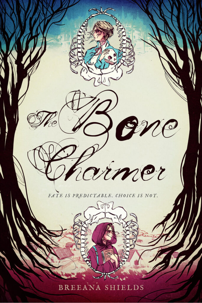 The Bone Charmer book cover showing bones, a mother and daughter, intricate tree designs, and a small village in the background — a dark fantasy novel about bone magic, witchcraft, and family secrets.