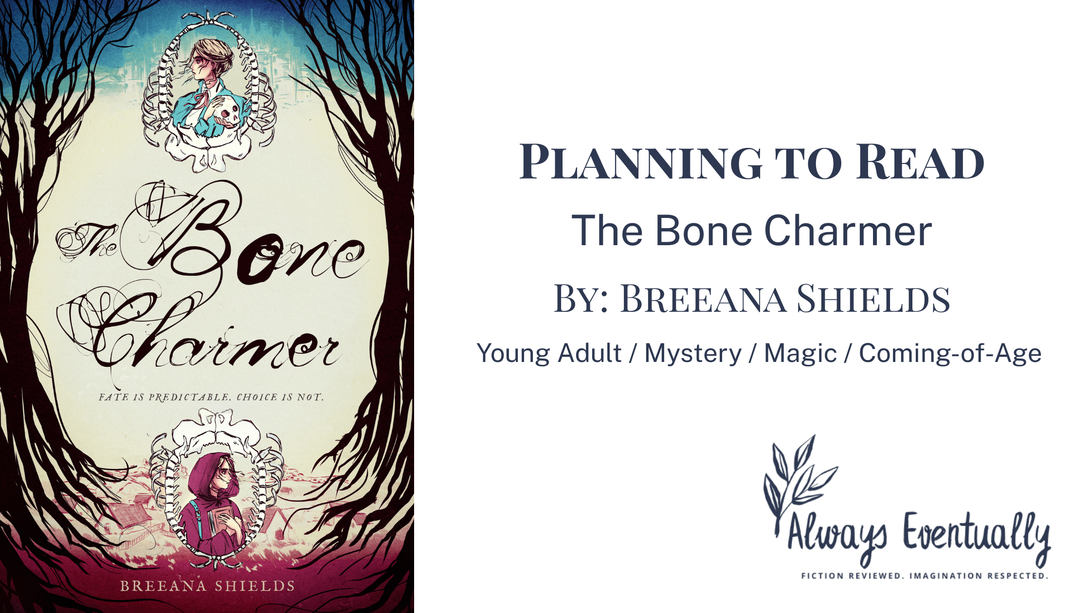 Book cover of The Bone Charmer by Breeana Shields with mystical and dark fantasy design, featured in a YA fantasy book review banner.