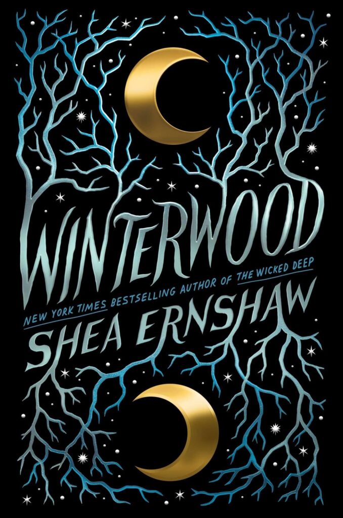 The cover of Winterwood features a dark, star-filled night sky with a gold moon and tree-shaped lettering. The title appears to grow like forest branches, evoking mystery and magic.