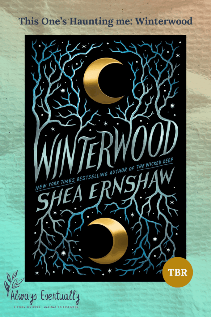 Pinterest graphic for YA fantasy novel Winterwood with book cover and phrases: 'haunting me,' 'dark fairytale,' 'mystery in the snow,' and 'atmospheric forest vibes.