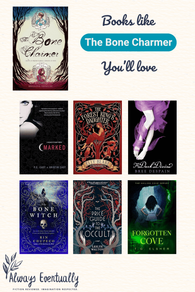 Pinterest graphic featuring book covers from a curated list of YA fantasy books similar to The Bone Charmer, highlighting titles with dark themes, magical inheritance, and suspenseful plots.