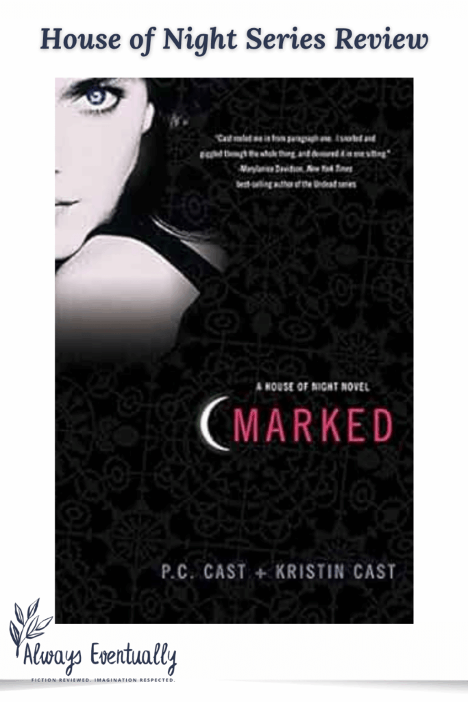Cover of Marked by P.C. and Kristin Cast, featuring a blue-eyed girl against a dark background, with the title in red and a white crescent moon. A striking image representing the start of the House of Night series—perfect for fans of YA paranormal romance, magic, and coming-of-age vampire stories.