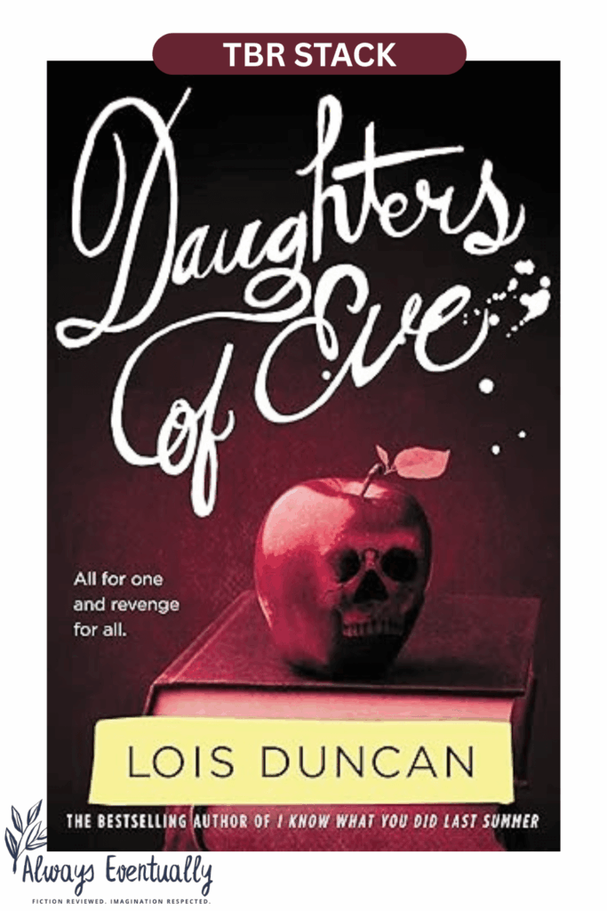 Book cover showing an apple with a skull reflection atop stacked school books. Text overlay reads 'All for One and Revenge for All' and 'TBR Stack.'