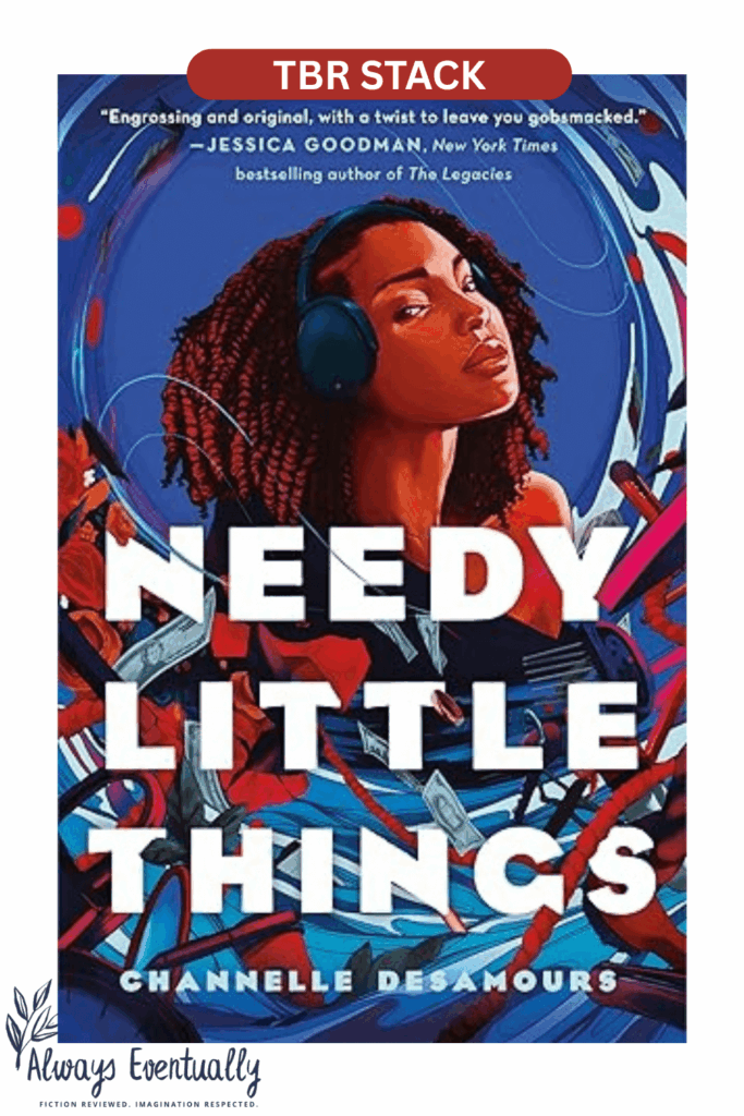 Blue book cover of Needy Little Things by Channelle Desamours showing a black teenage girl with curly hair wearing headphones. YA paranormal mystery with themes of suspense, secrets, and supernatural elements.