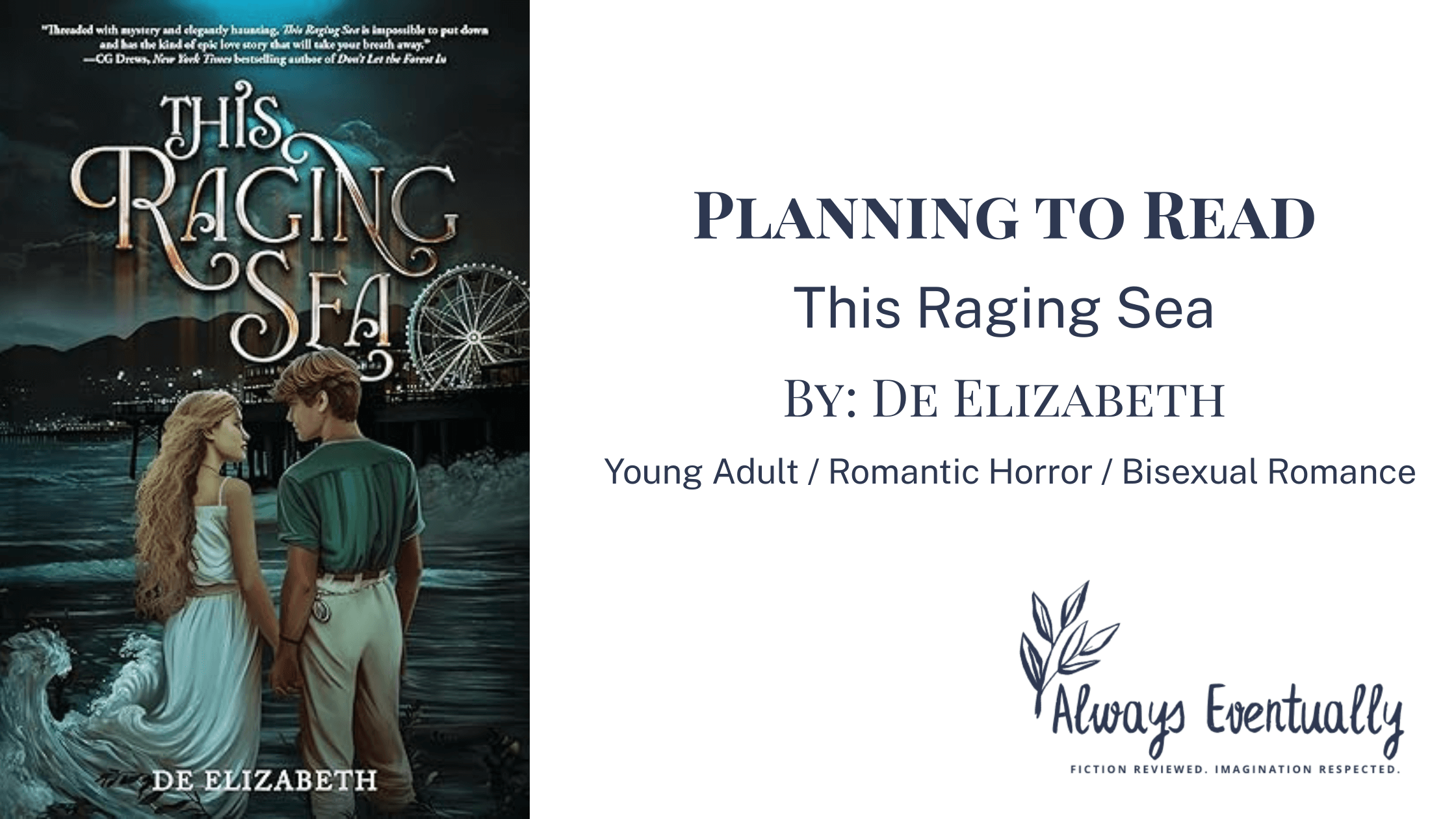 This Raging Sea by De Elizabeth book cover showing a young couple holding hands by the ocean near a pier and ferris wheel. Featured on a YA fantasy and paranormal book blog with a focus on coastal mysteries and inclusive romance.