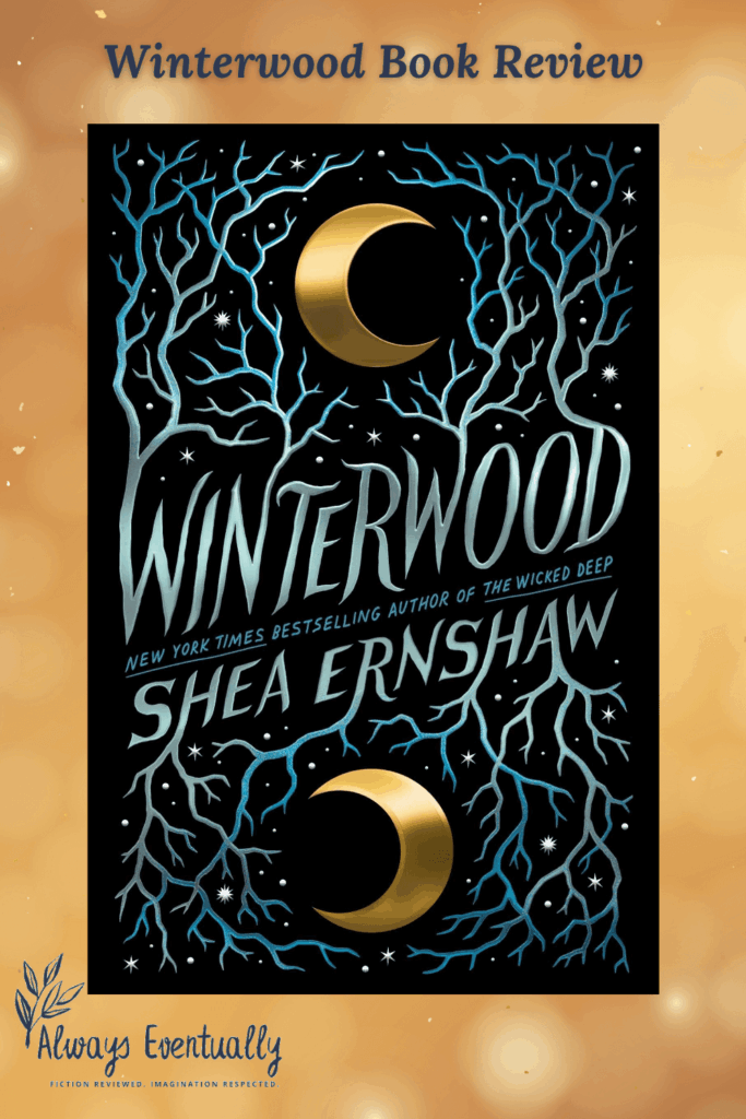 Pinterest graphic for a Winterwood book review. Features the book cover with dark, wintry tones, set against a gold background. Text reads “Winterwood Book Review.”